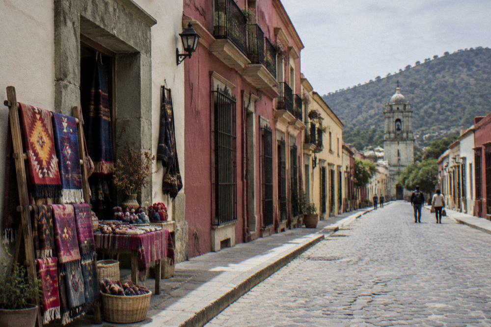 Colourful woven textiles and crafts displayed in a workshop in the Oaxaca valleys