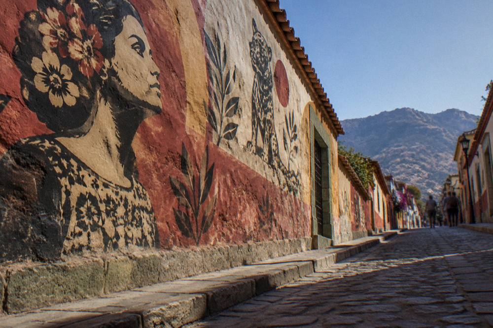 A large colourful mural painted on the side of a building in Oaxaca City