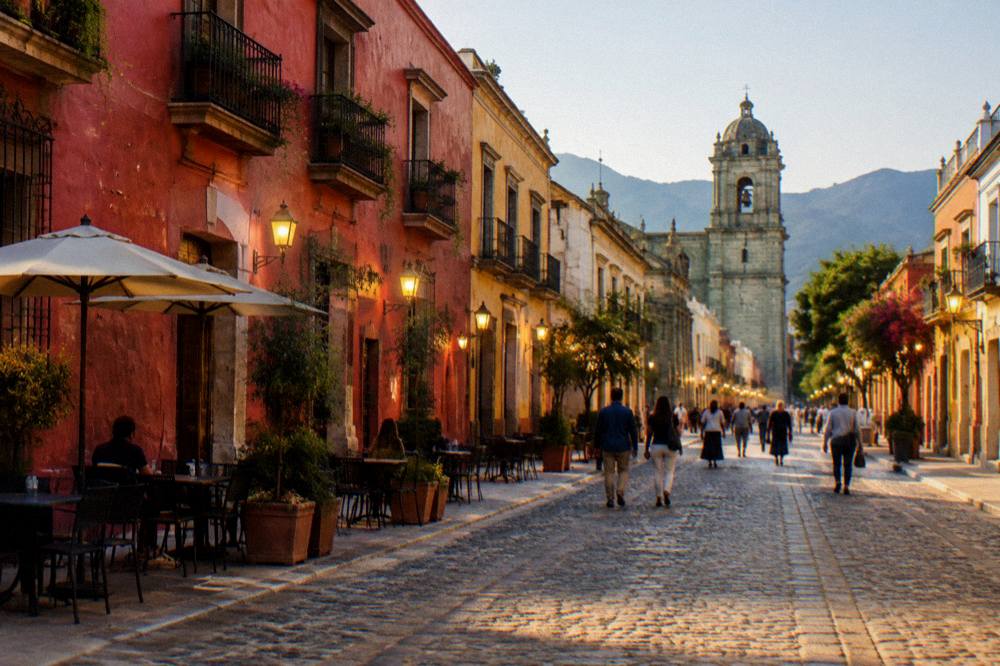 An evening view of a pedestrian street with warm lighting and people strolling in Oaxaca City