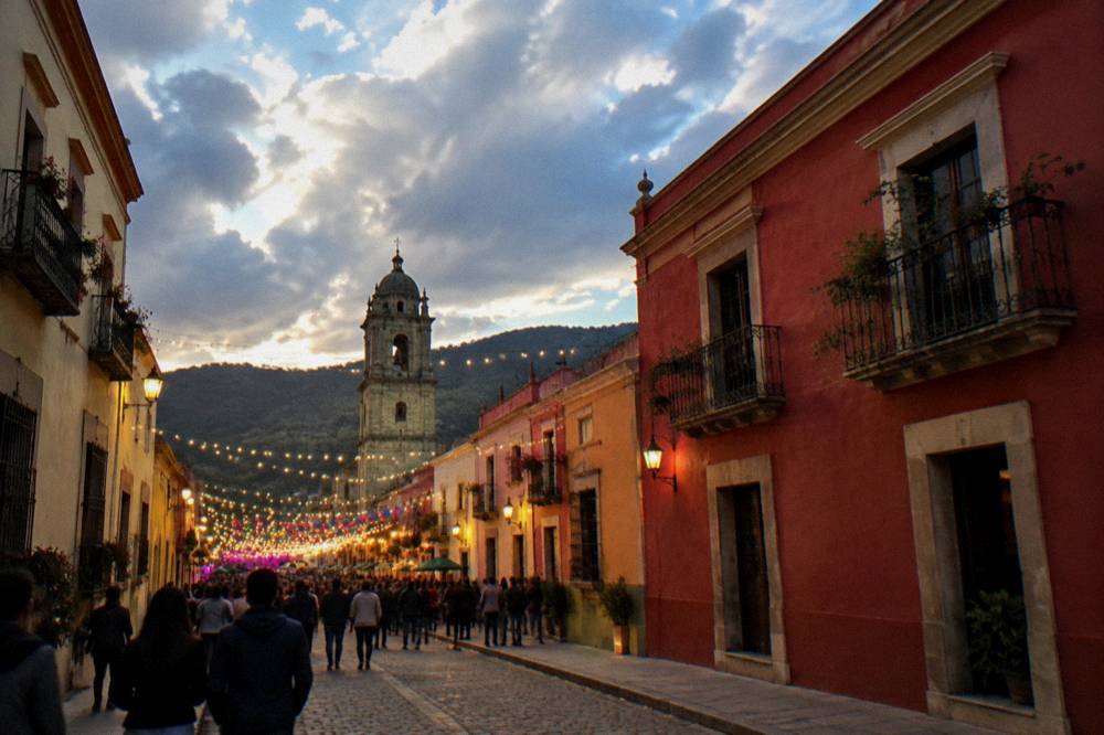 A decorated square in Oaxaca City during a festival evening with lights over the crowd
