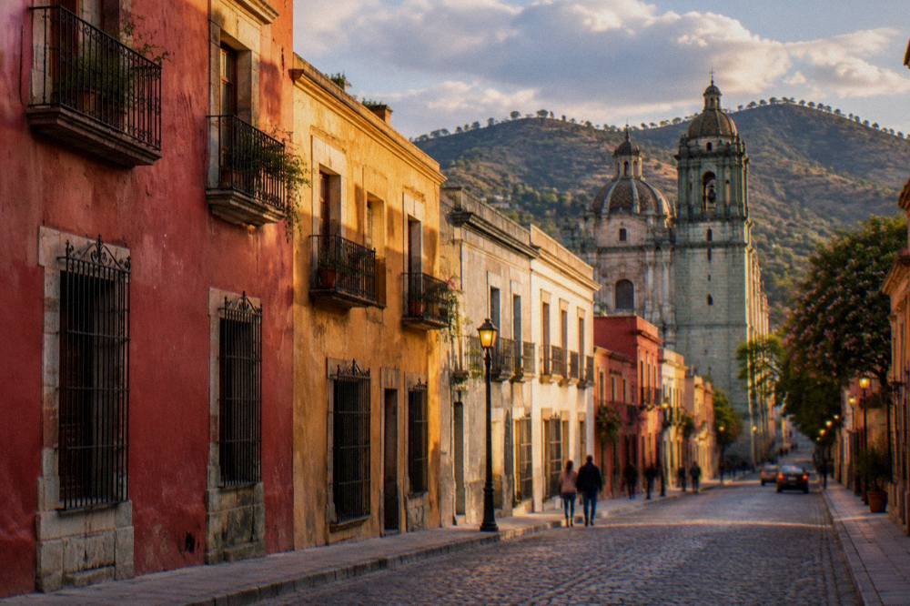 An evening street scene in Oaxaca City with warm light on stone buildings and the Basílica de la Soledad in the background