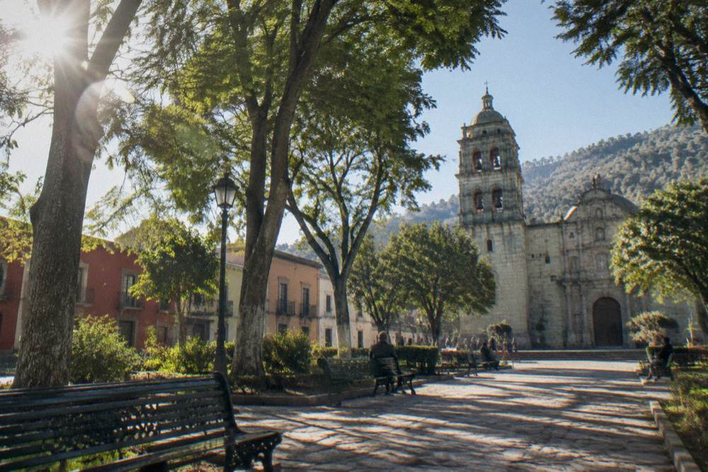 The green expanse of a city park with tall trees and benches beside a historic church facade in Oaxaca