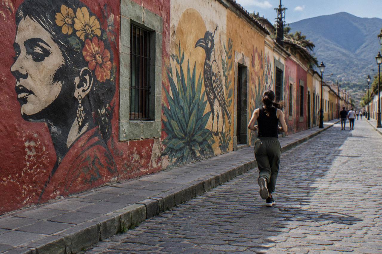 A large painted mural covering the side wall of a house in an Oaxaca City street