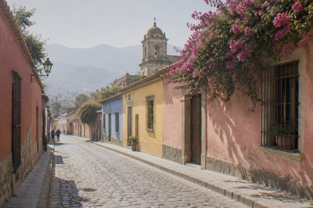 A narrow cobbled street in Jalatlaco with painted walls on both sides