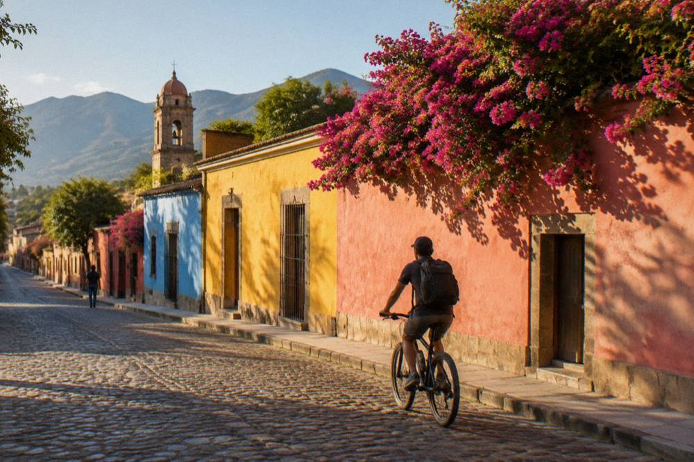 A cyclist riding past a colourfully painted wall in an Oaxaca neighbourhood