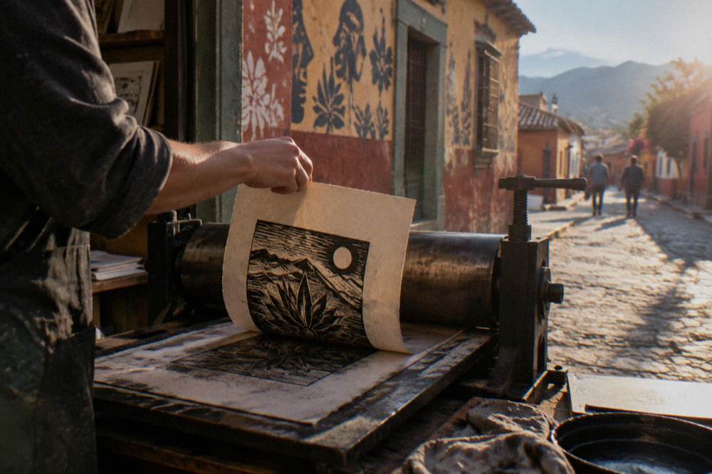 A printmaker lifting a printed sheet from a press in a workshop studio