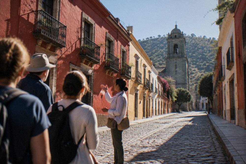 A guide speaking to a small group on a colourful street in Oaxaca City