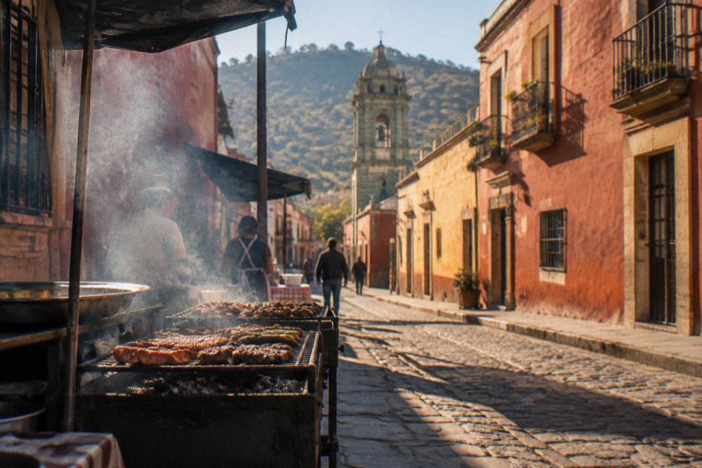 Charcoal grills with meat cooking in a narrow smoky market passageway in Oaxaca