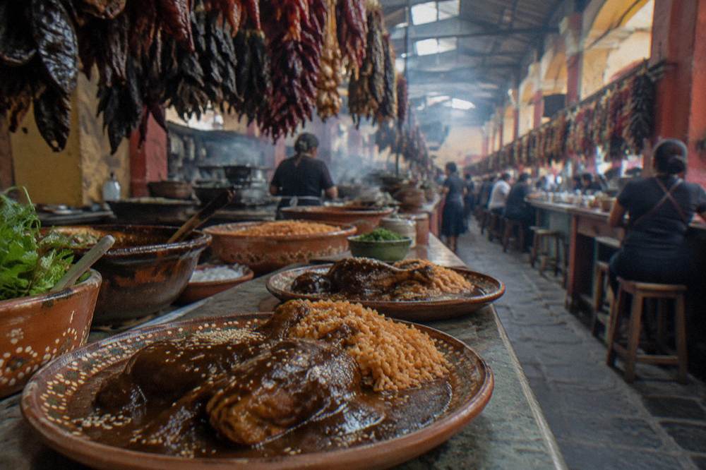 Bowls of dark mole sauce served with rice and chicken at a market food stall