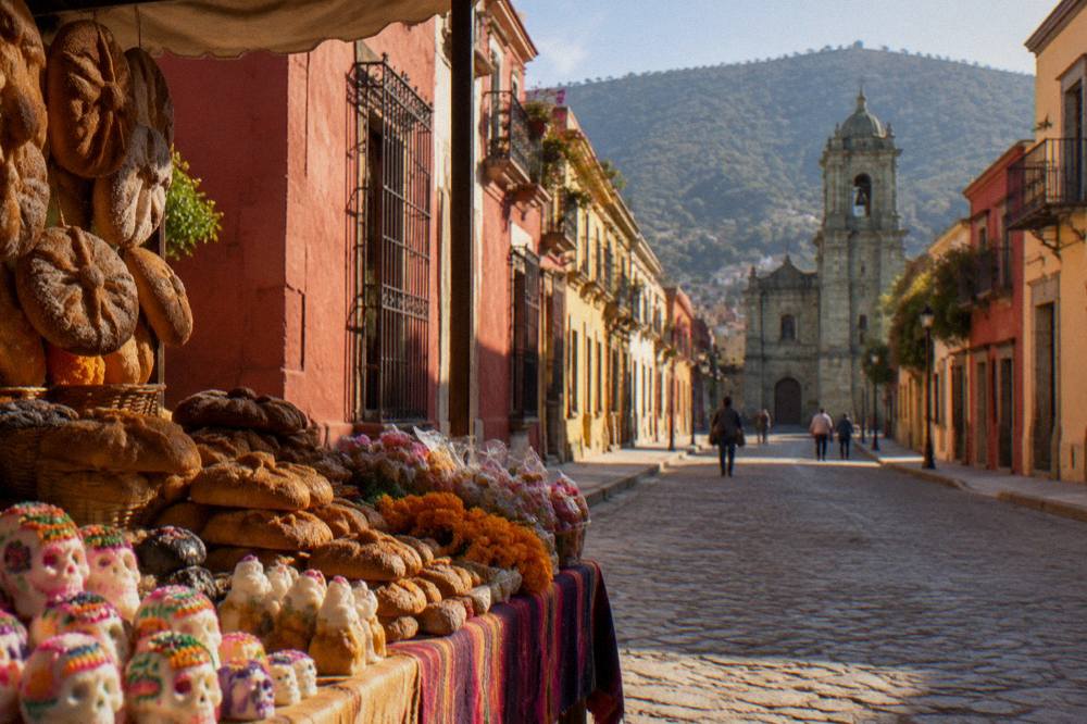 A market stall displaying breads and decorated sweets for a Mexican holiday in Oaxaca