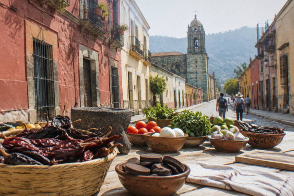 A cooking class table with dried chiles, chocolate discs and fresh ingredients in Oaxaca