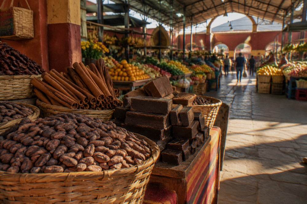 Stall displaying cacao beans, cinnamon sticks and blocks of chocolate for sale