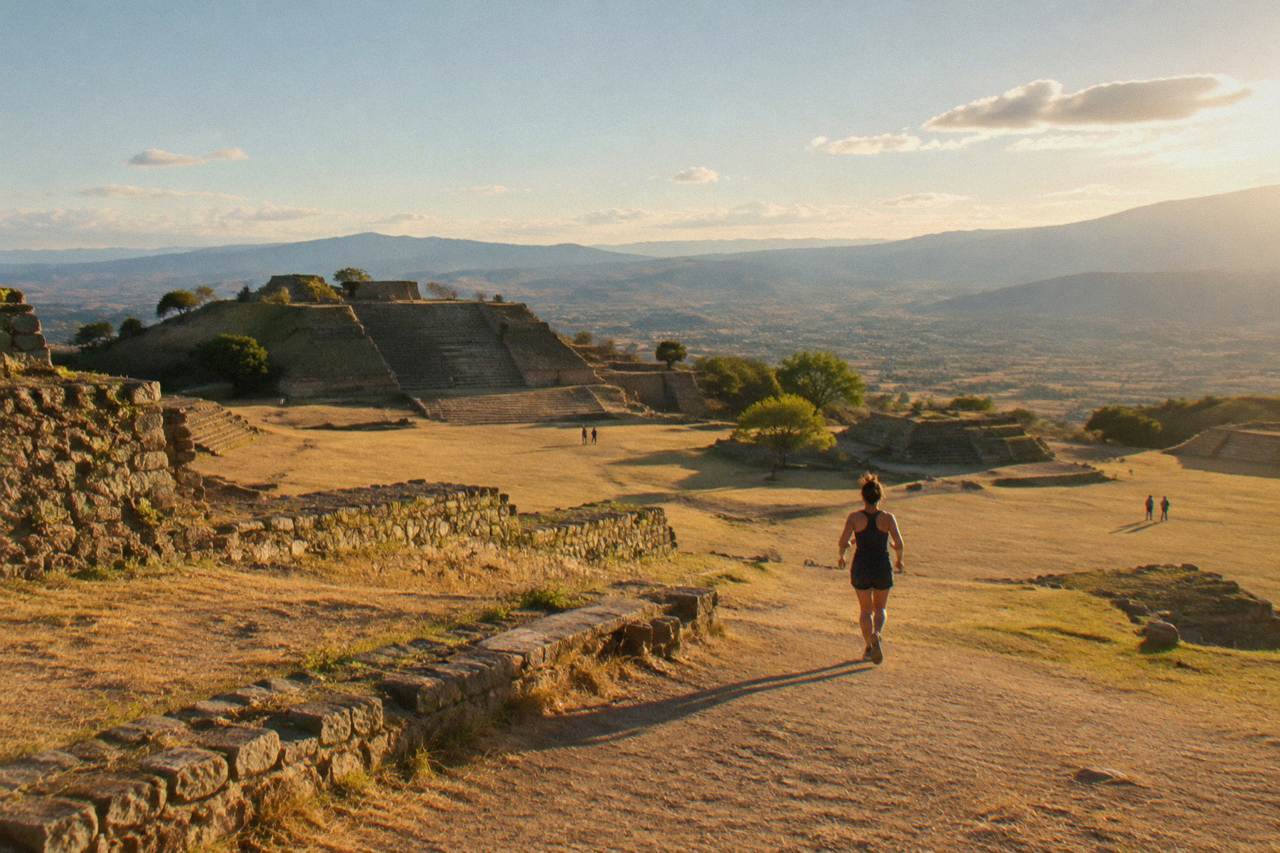 Stone terraces and ancient ruins on a mountaintop above a wide valley