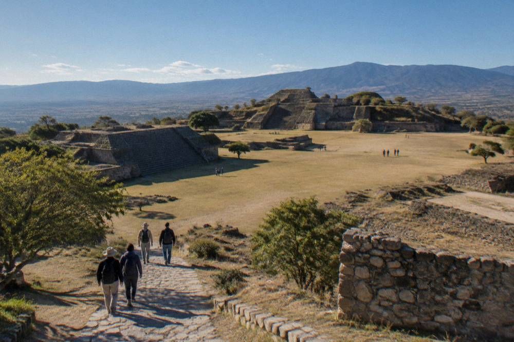 A small group of visitors walking a stone path between ancient ruins