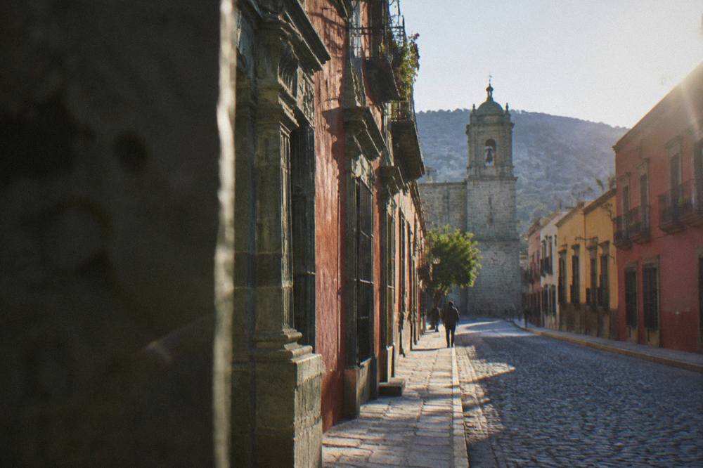 A colonial building facade in central Oaxaca with green cantera stone details