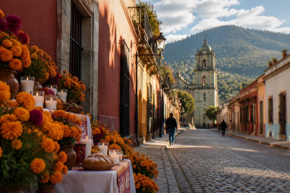 Marigold flowers and candles arranged on an altar in Oaxaca for Day of the Dead