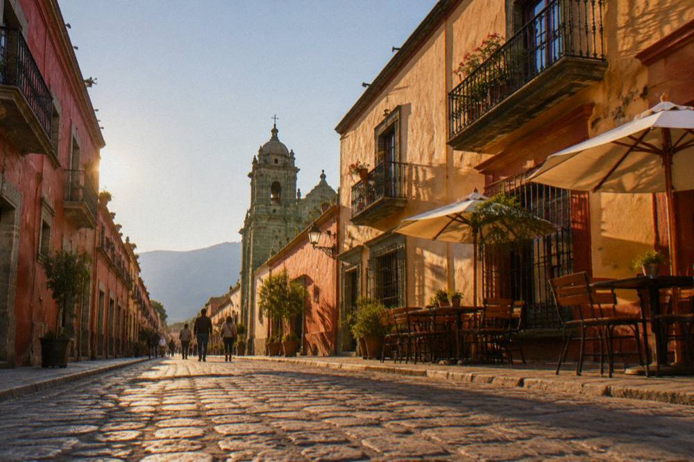 A pedestrian street in Oaxaca City's historic centre with colonial buildings and green stone quarrystone facades