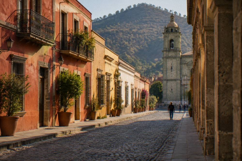 A tall stone corridor with arched openings inside a former convent building in Oaxaca City