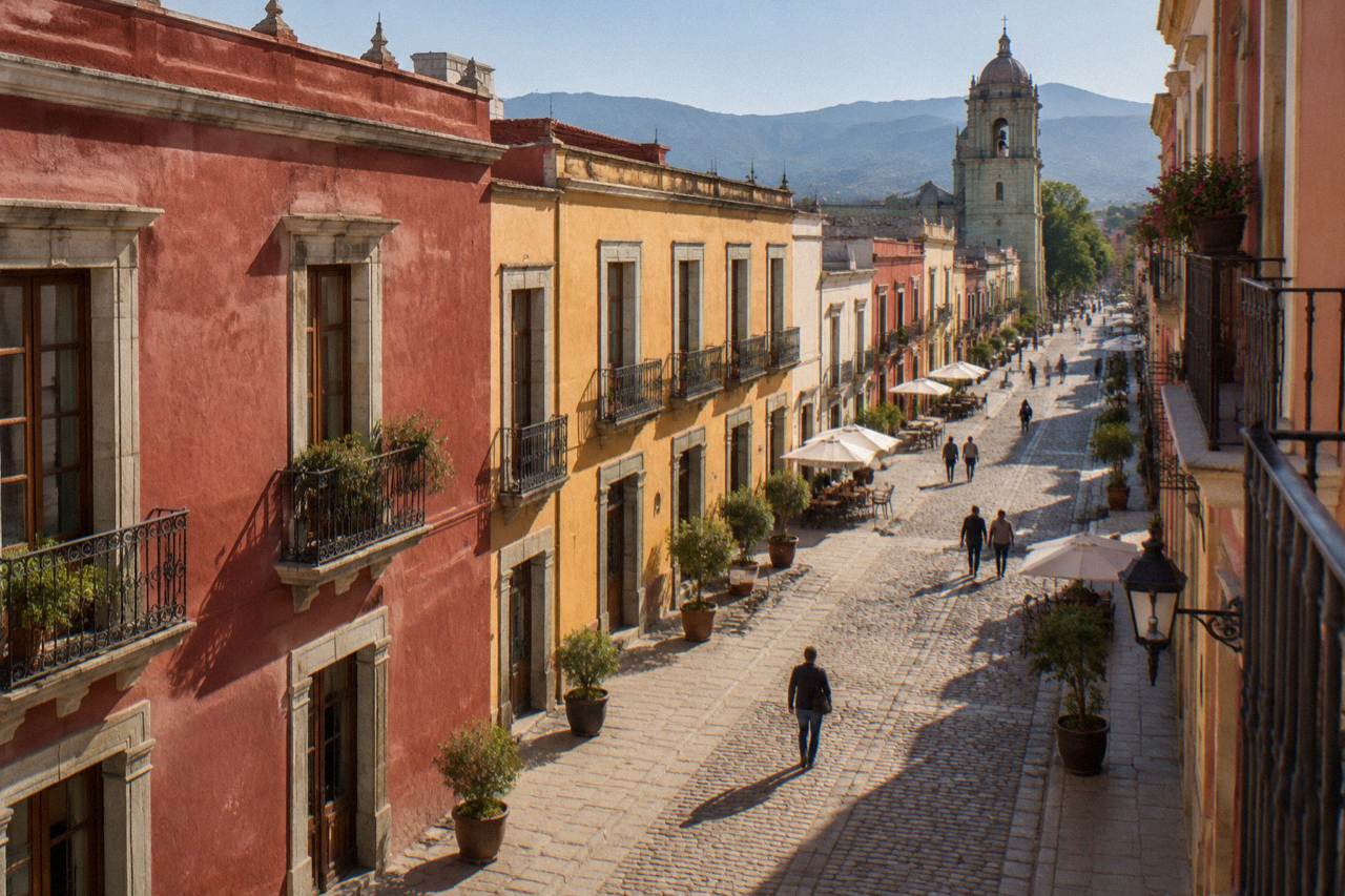 A historic building facade on a pedestrian street in the centre of Oaxaca City