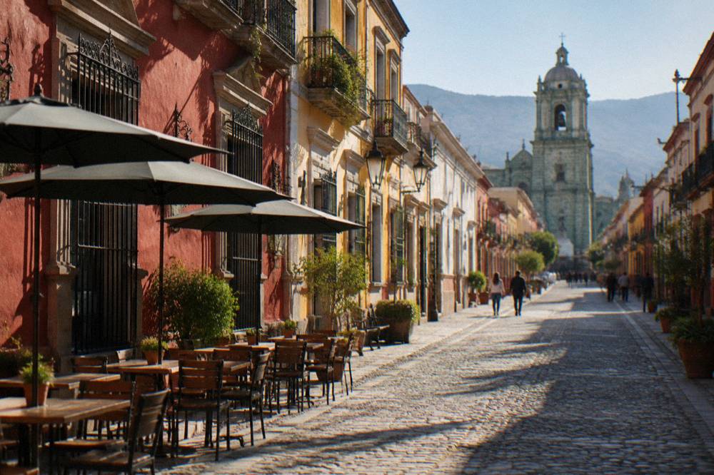 A narrow pedestrian street lined with colonial buildings leading away from a city square
