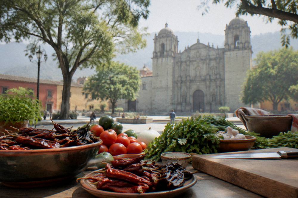 A cooking class table laid with fresh ingredients, chilies and herbs in a warm kitchen