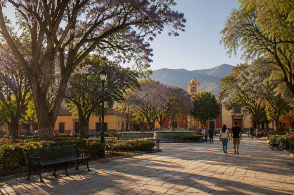 People strolling under shade trees on a city park promenade