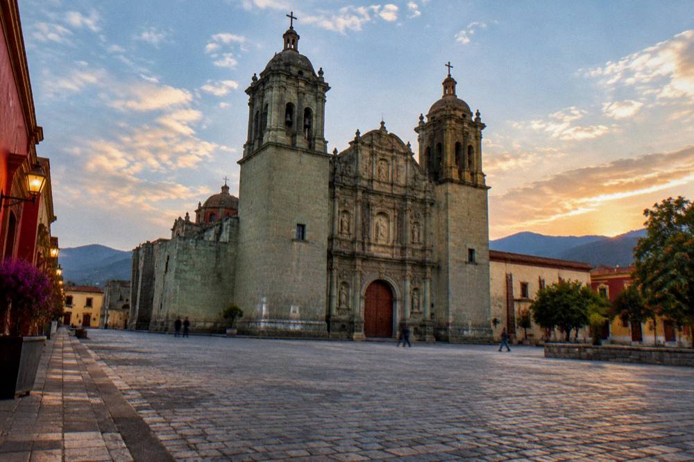 Evening light on the streets around Santo Domingo church in Oaxaca City
