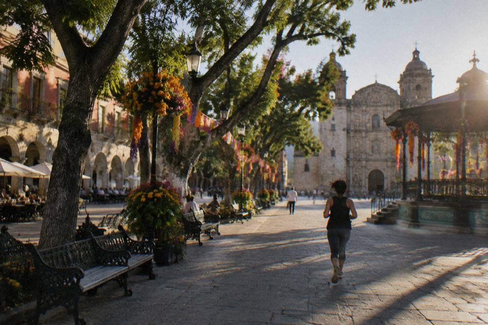 Flowers and decorations in the Zócalo of Oaxaca City during a festival period