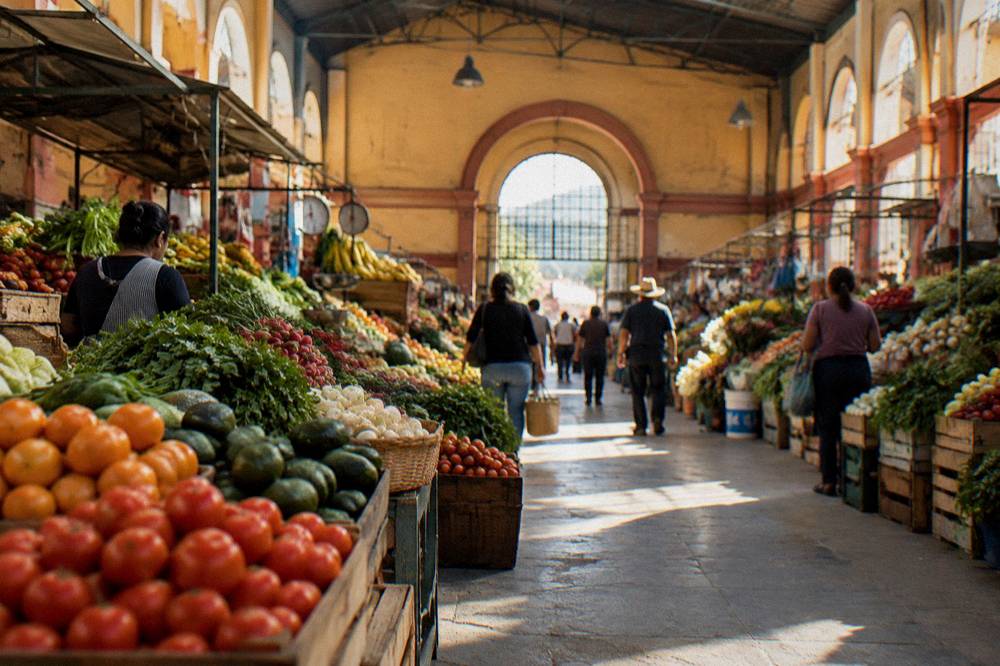 A market hall interior with produce stalls and shoppers in Oaxaca City