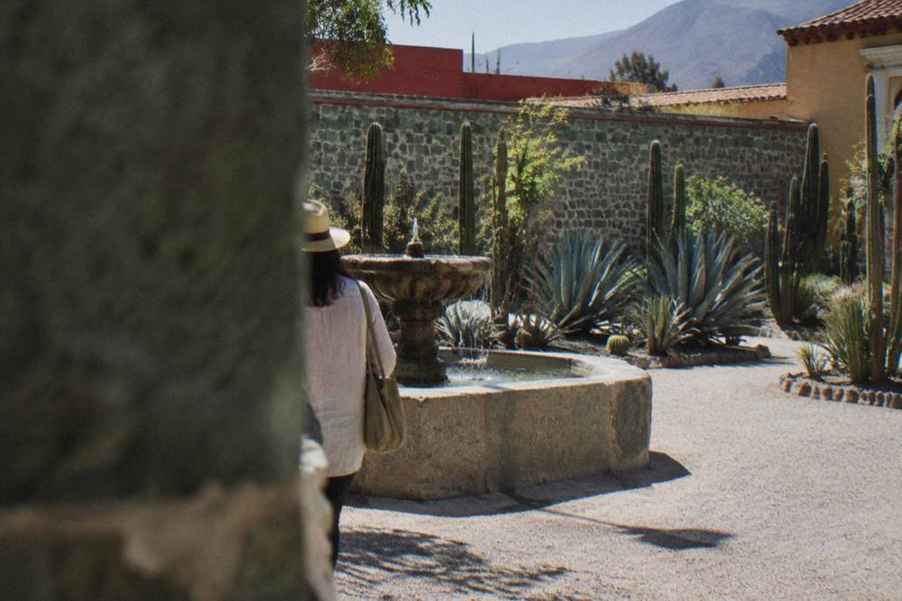 A fountain and garden path inside a walled botanical garden in Oaxaca City