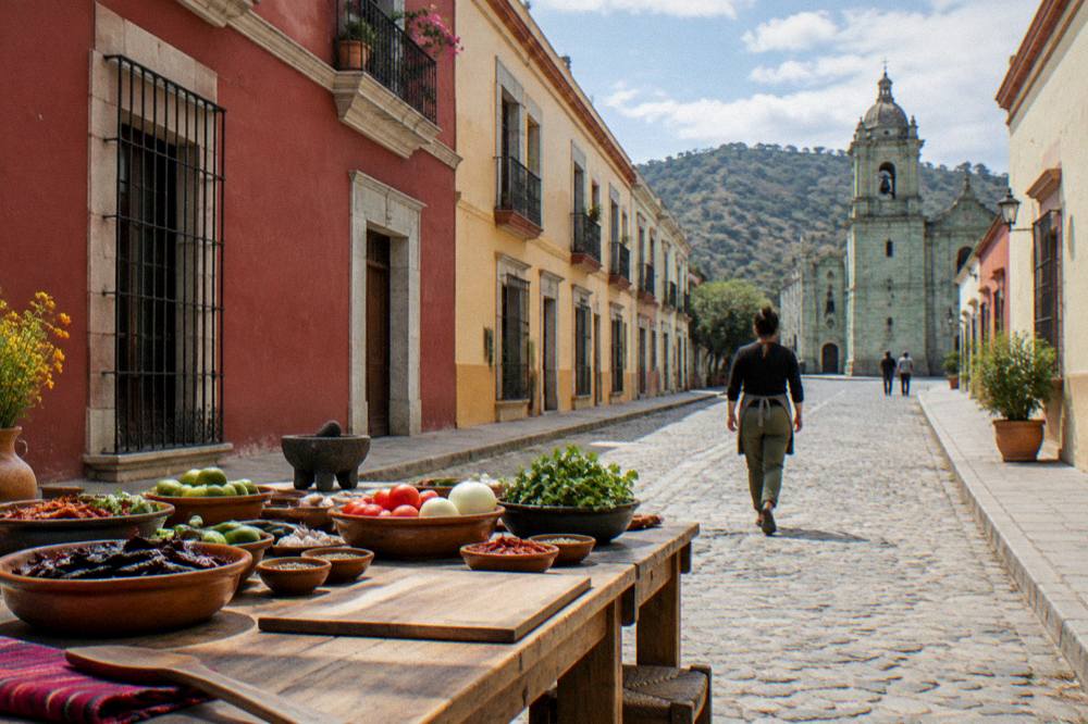 A cooking class table with clay dishes, chillies and fresh ingredients in Oaxaca