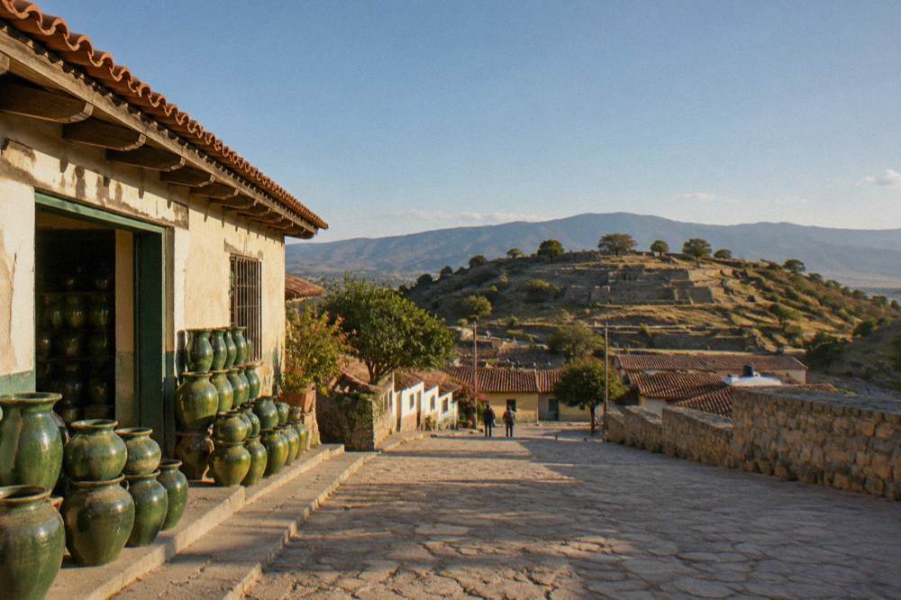 A wide stone plaza of an archaeological zone under morning light with hills on the horizon