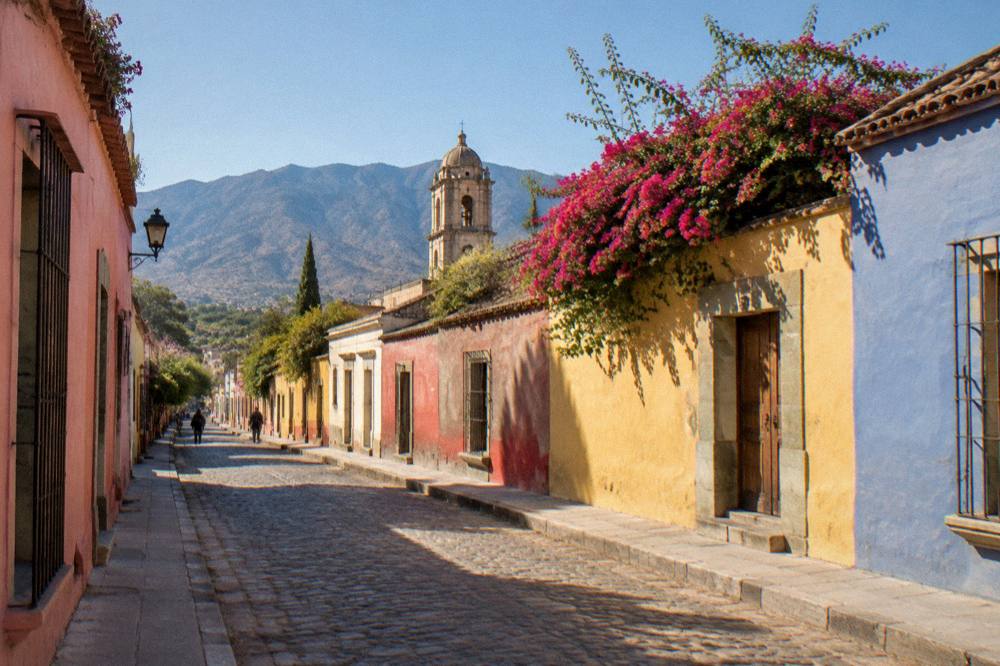 A quiet village street with painted walls and mountains behind in late afternoon light