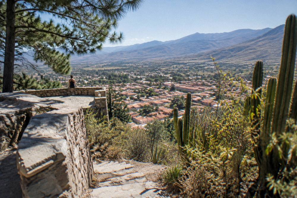 A viewpoint over a wide highland valley with cactus and distant mountain ridges