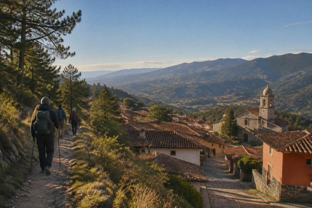 Hikers in layers walking a forest path above the Oaxaca valley