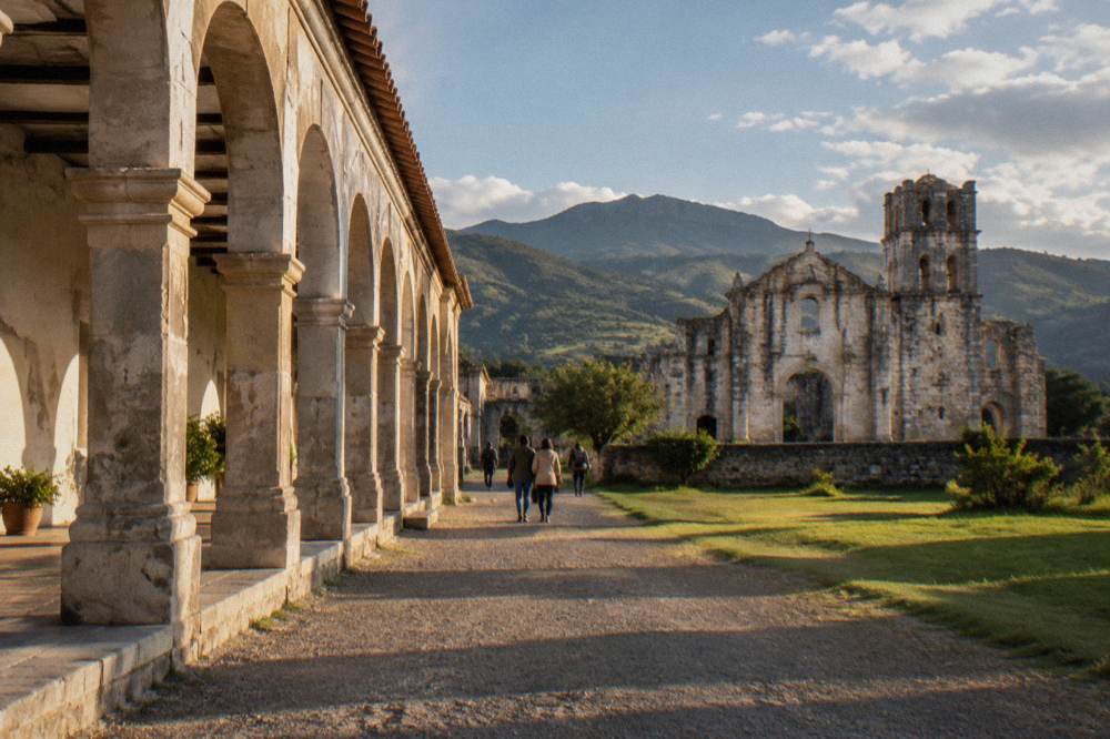 Sunlight falling across a stone arcade with shadows on a gravel path