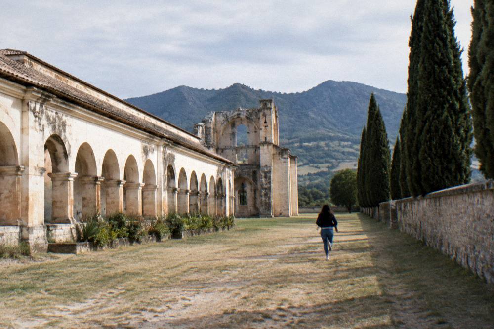 Cypress trees and open ground beside a long monastery wall in late light