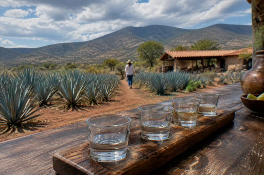 A tasting flight of small mezcal glasses lined up on a wooden bar