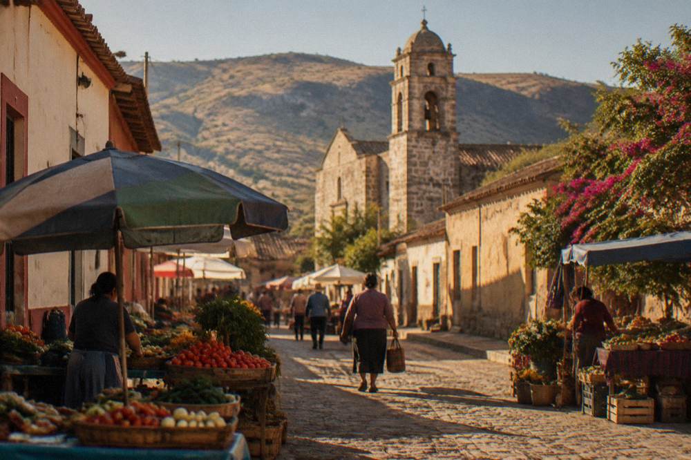 Vendors and produce stalls along the market street in Tlacolula