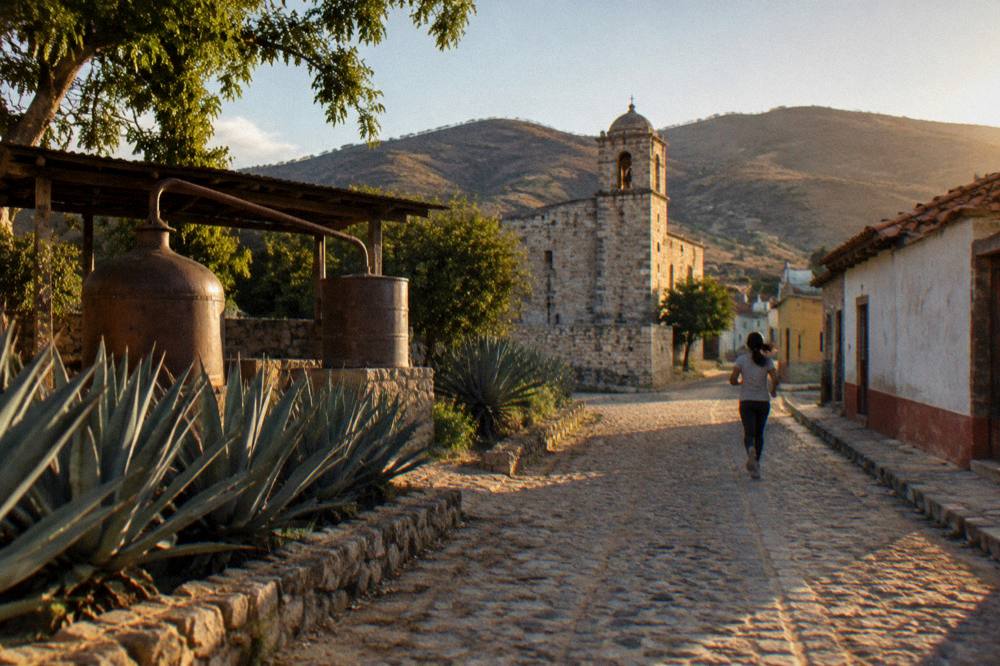 Agave plants and a still at a small distillery in the Tlacolula valley