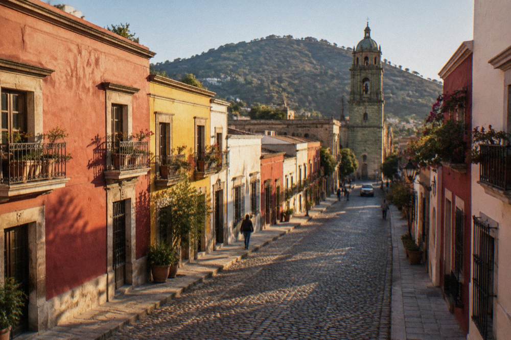 A colonial era street with colourful facades and a church tower under a clear sky