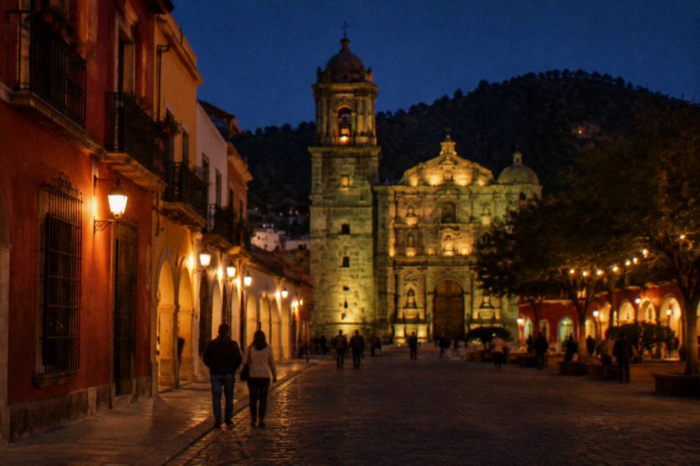 A plaza at dusk with a lit church facade and people walking under arches