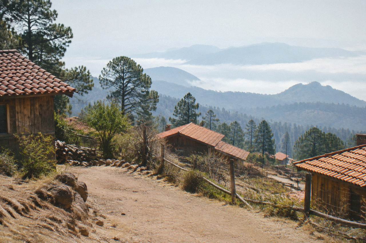 A small pine ridge village of timber cabins and tiled roofs above a layer of cloud