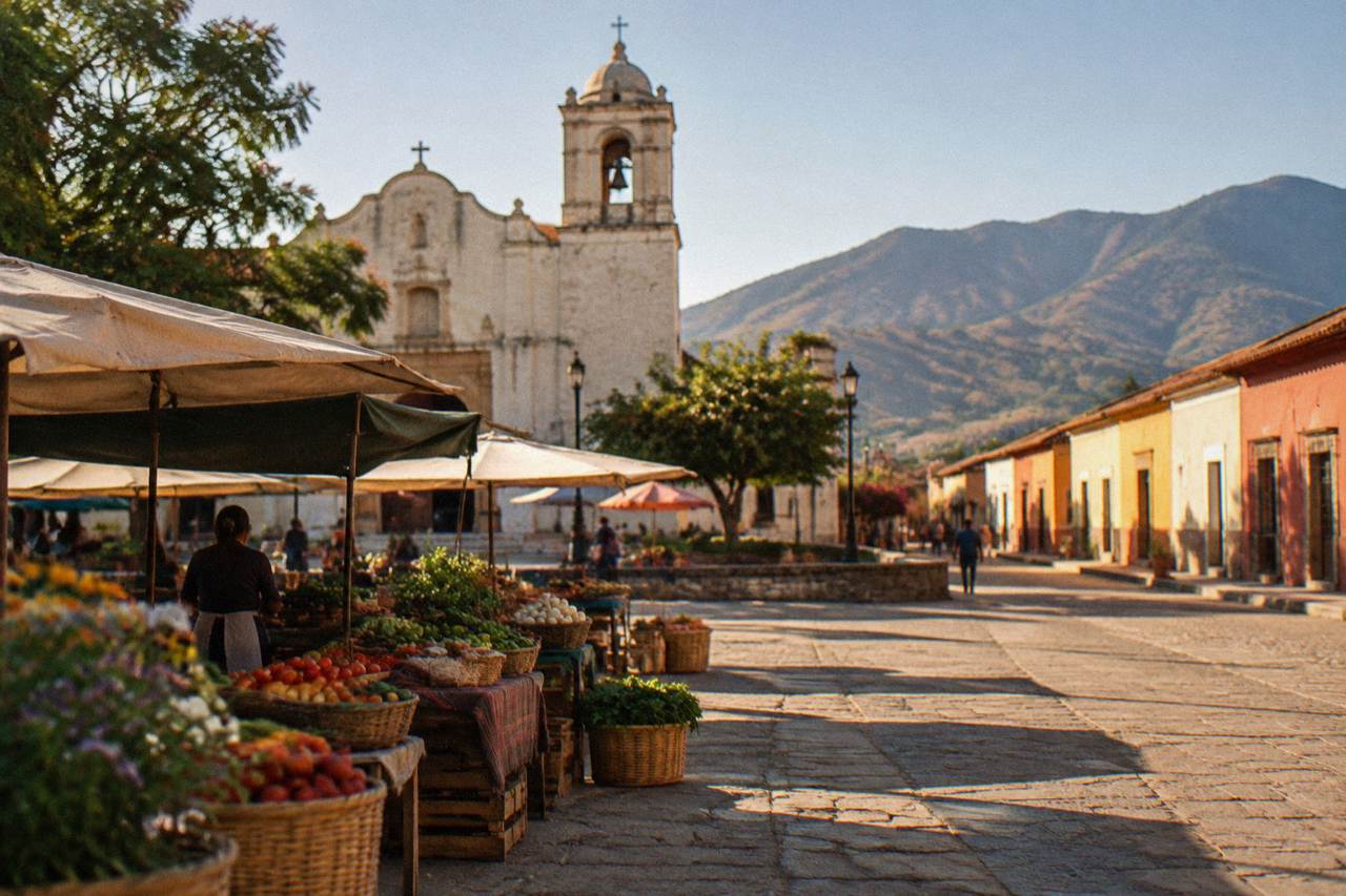 A valley town street in Oaxaca with low coloured buildings under a bright sky