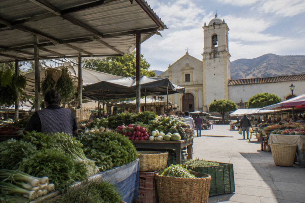 Vendors selling vegetables and herbs under a market roof in Oaxaca