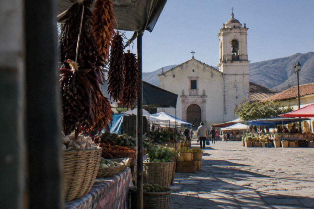 Strings of dried chillies and baskets of produce on a market stall