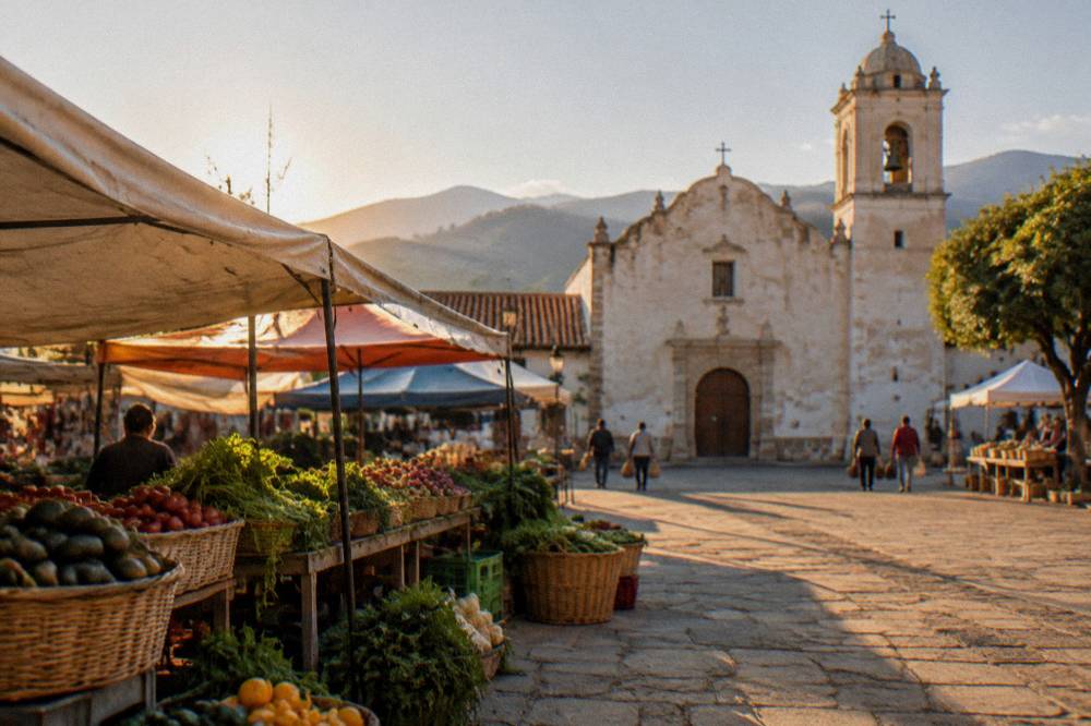 A low adobe church facade in a small Oaxacan town square