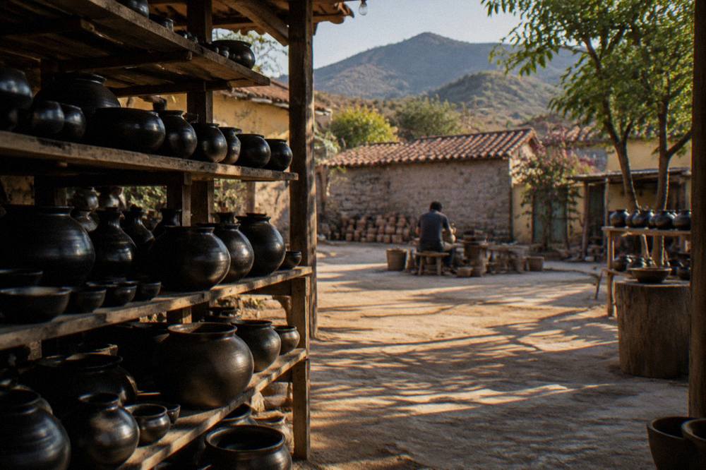 A potter shaping wet clay on a low workbench in a village courtyard