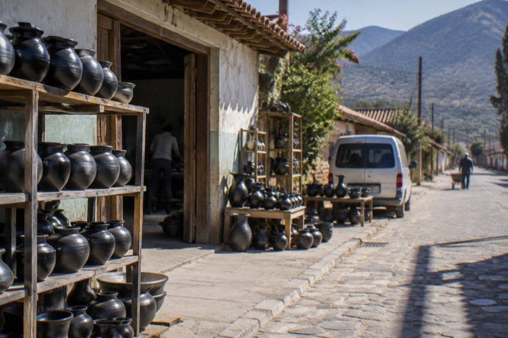 A van parked on a village street with pottery displayed beside an open workshop door