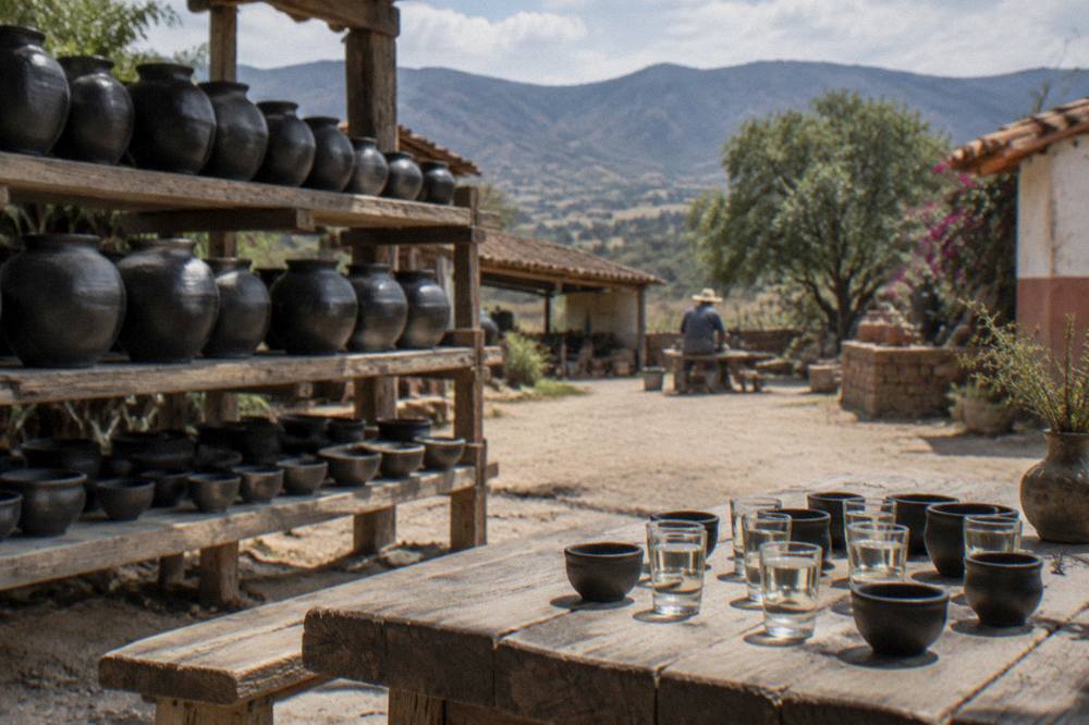 Small cups of mezcal arranged on a wooden tasting table beside clay cups